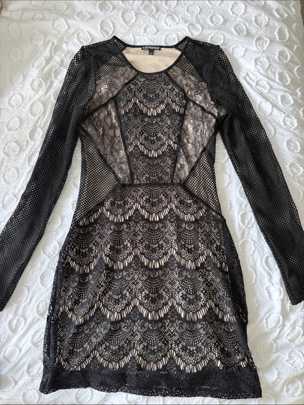 Express Black Lace Long-Sleeve Sheath Dress with Nude Lining